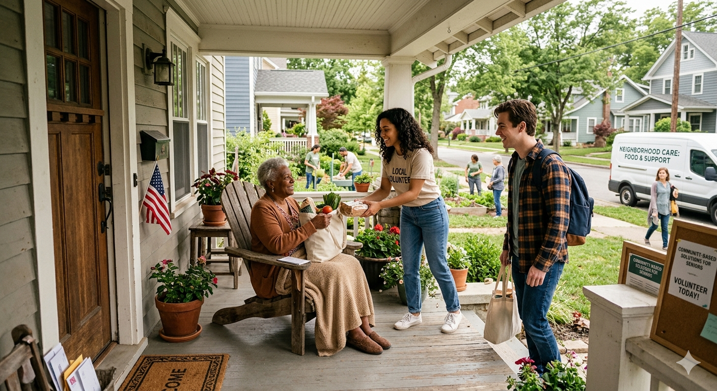 A community volunteer helping an elderly person at home showing how to support seniors in need in America through care and assistance